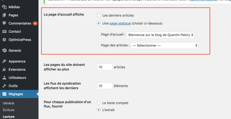 Définir page d’accueil WordPress  le Super Guide 2019